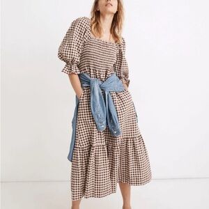 Smocked Midi Dress in Brown Gingham